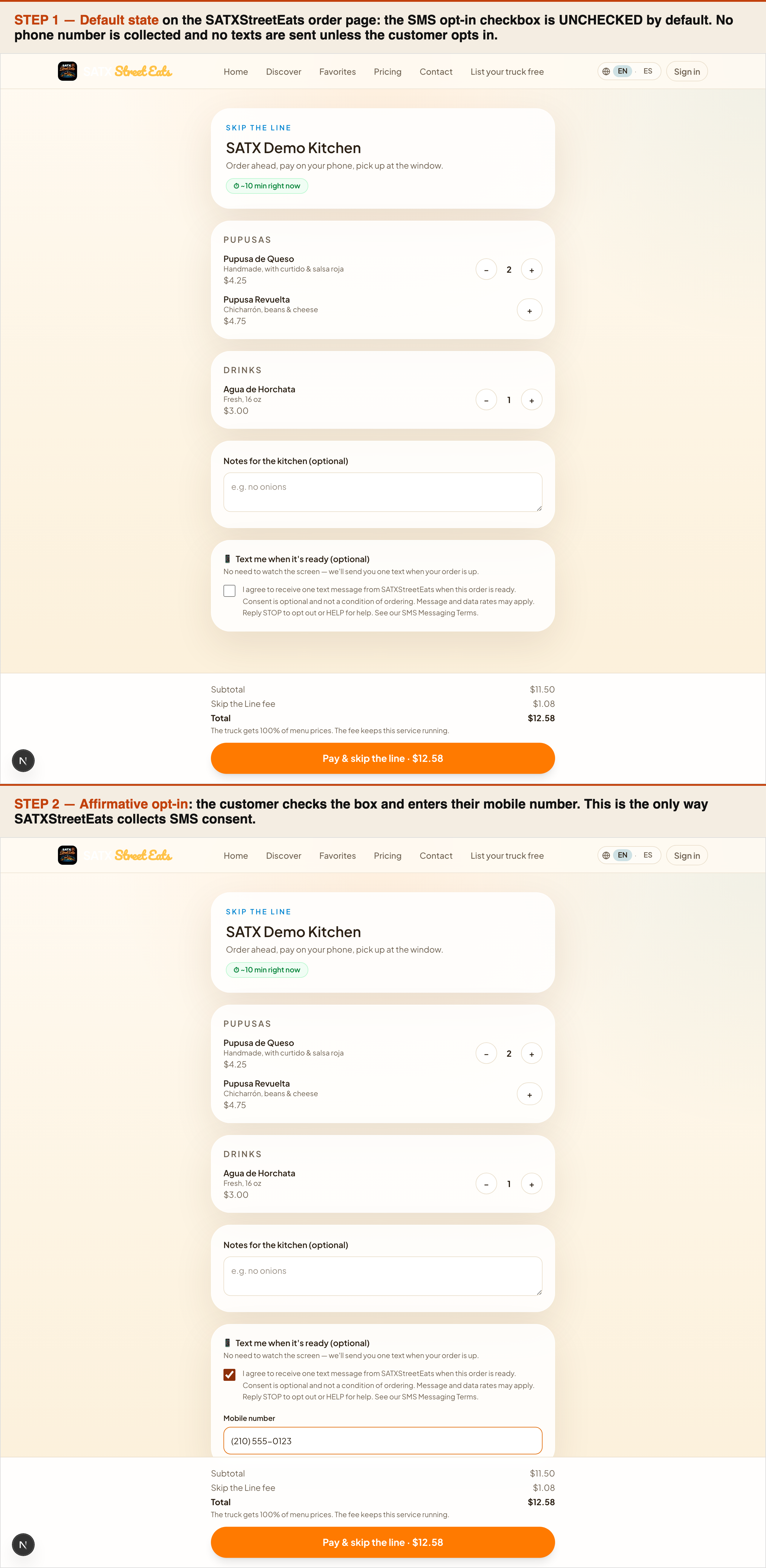 SATXStreetEats order page showing the optional SMS consent checkbox, mobile number field, and full disclosure above the pay button